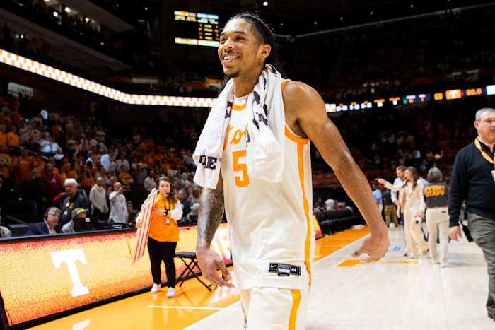 Tennessee G Zakai Zeigler after a win over Alabama in Knoxville, Tennessee, on February 15, 2023. (Photo by Brianna Paciorka of the News Sentinel - USA Today Sports)